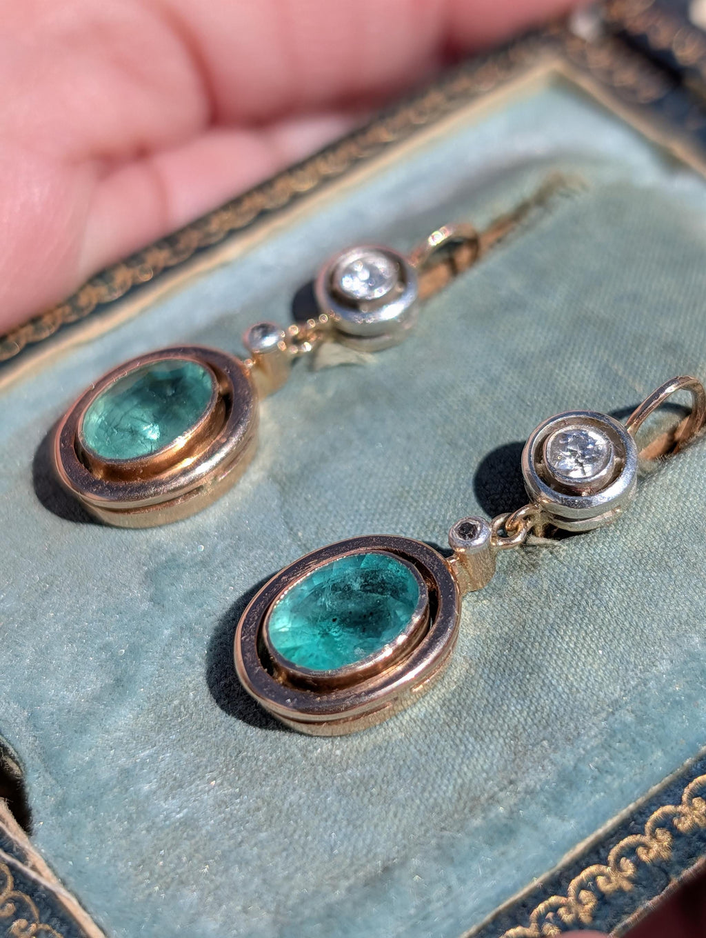 1920s Antique Emerald Diamond Dangle Drop Earrings, 14k Yellow Gold Heirloom Jewelry