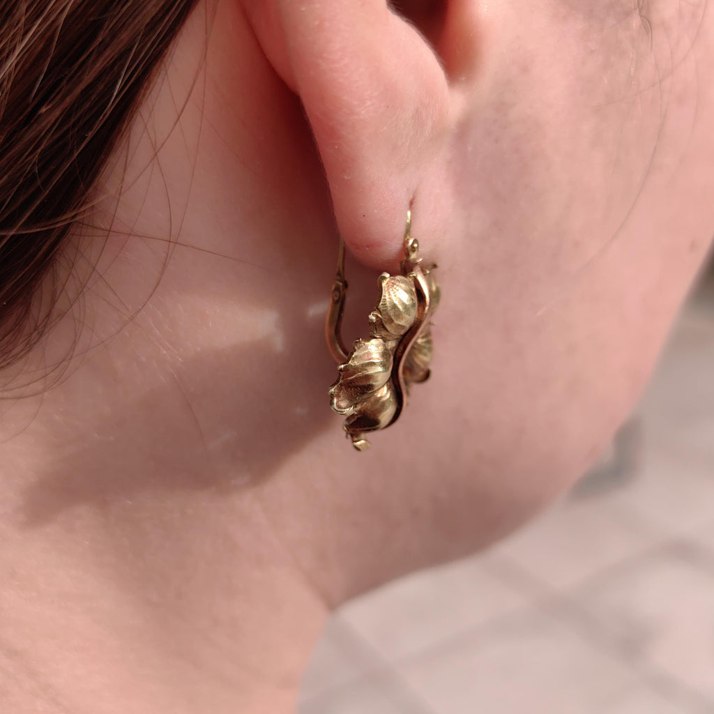 Antique 1870s Floral Leaf Earrings: 14k Yellow-Rose Gold Dormeuses