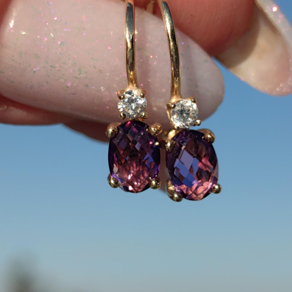 Vintage 14k Gold Amethyst & Diamond Drop Earrings: 1950s Dormeuse Sleepers