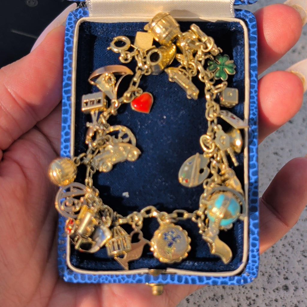 1920s Hallmarked 14k Gold Charm Bracelet, Whimsical Statement Antique Bracelet, 21 cm, 26.8g, Mixed Era Charms, Estate Gift