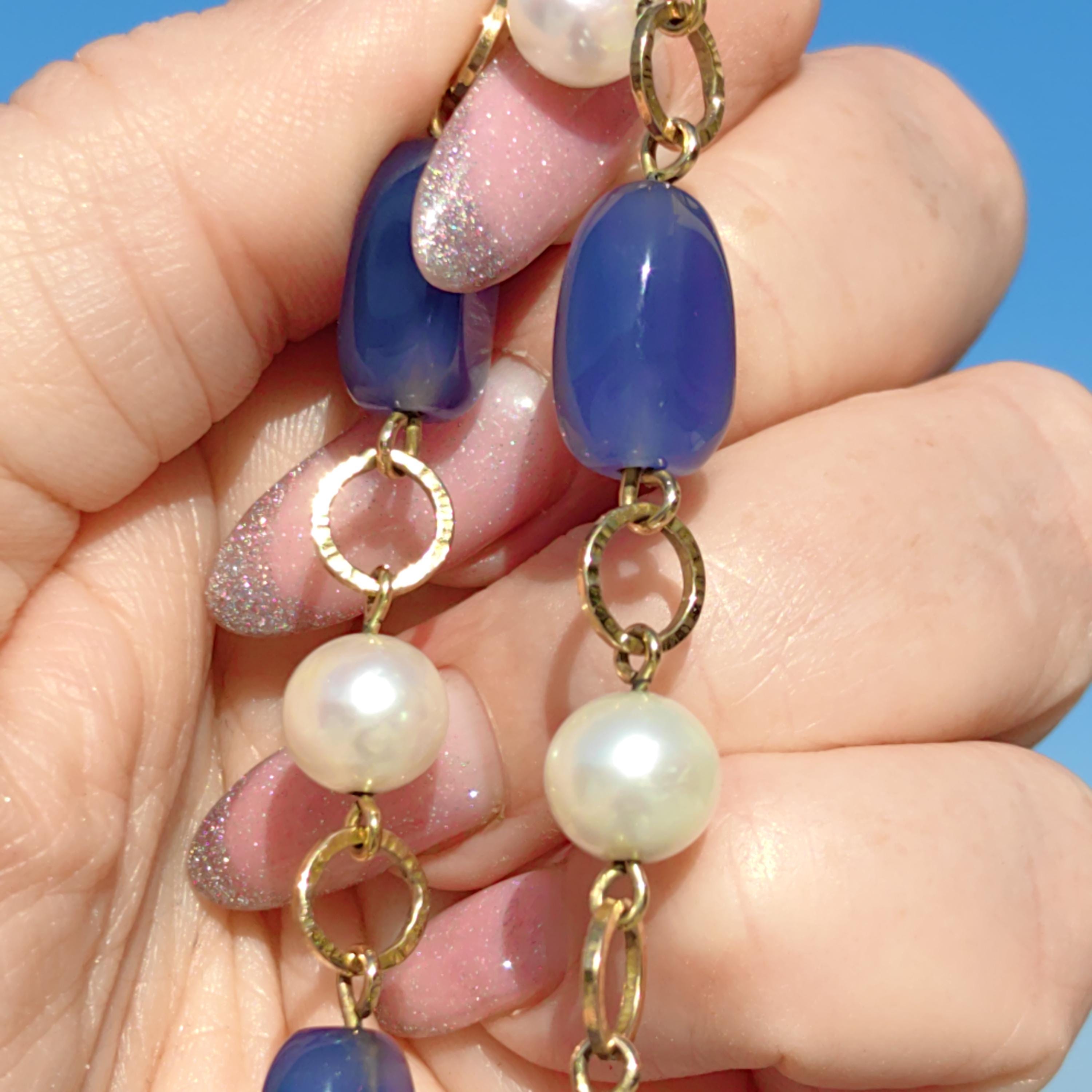 1960s Blue Chalcedony Pearl Bracelet: 18k Gold Beaded Chain
