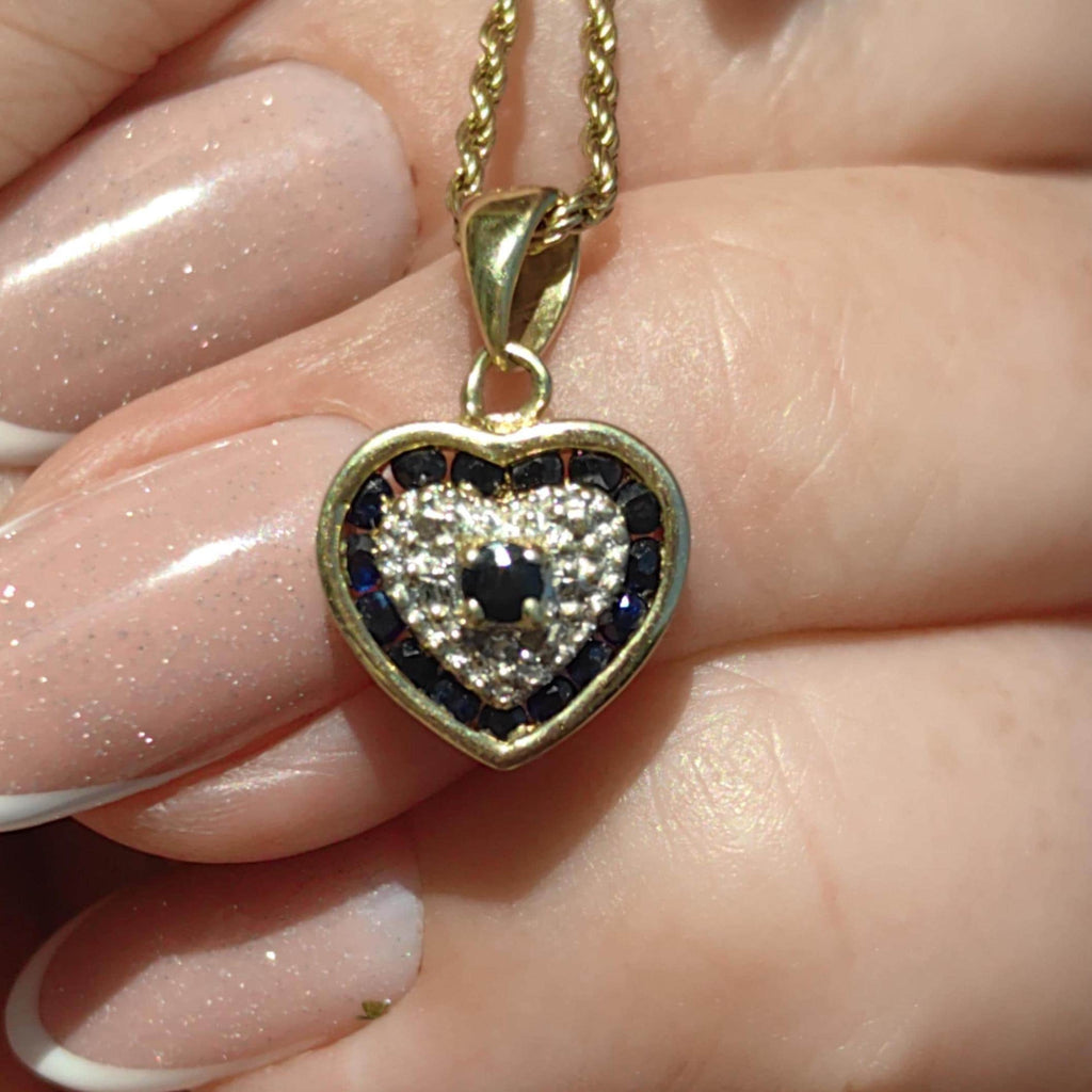 Sapphire Diamond 14k Yellow Gold Heart Pendant - Vintage Charm