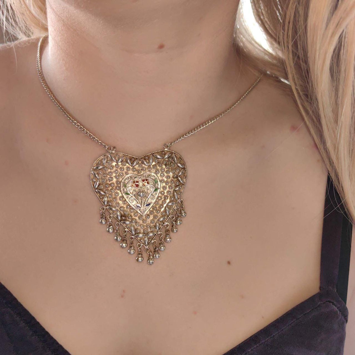 Art Deco Silver Heart Pendant Necklace: Filigree Enamel, Long Chain