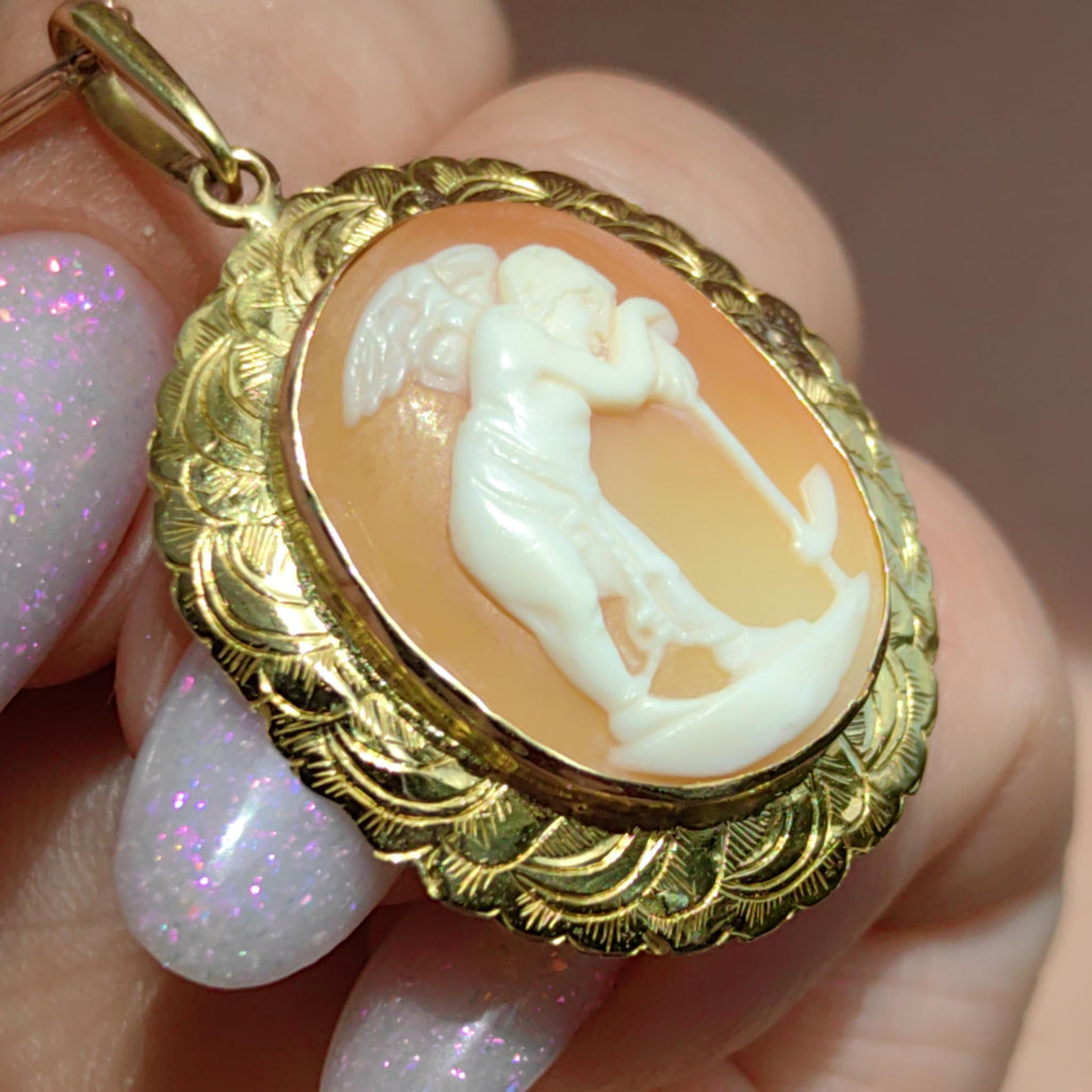 Victorian 18k Gold Shell Cameo Brooch Pendant: Angel, Hope & Faith