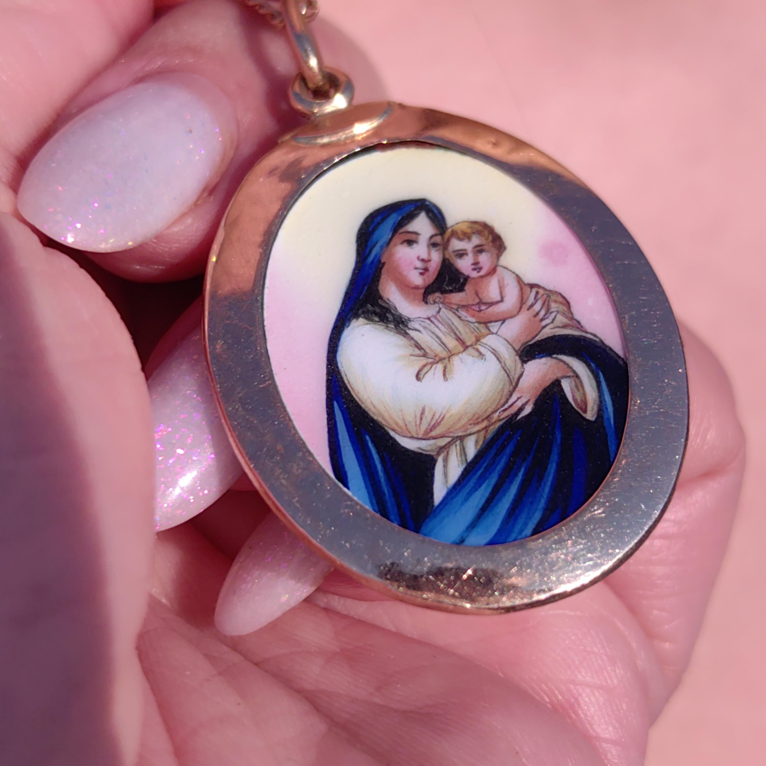 Antique 14k Gold Virgin Mary Pendant: Hand-Painted Enamel Art Nouveau