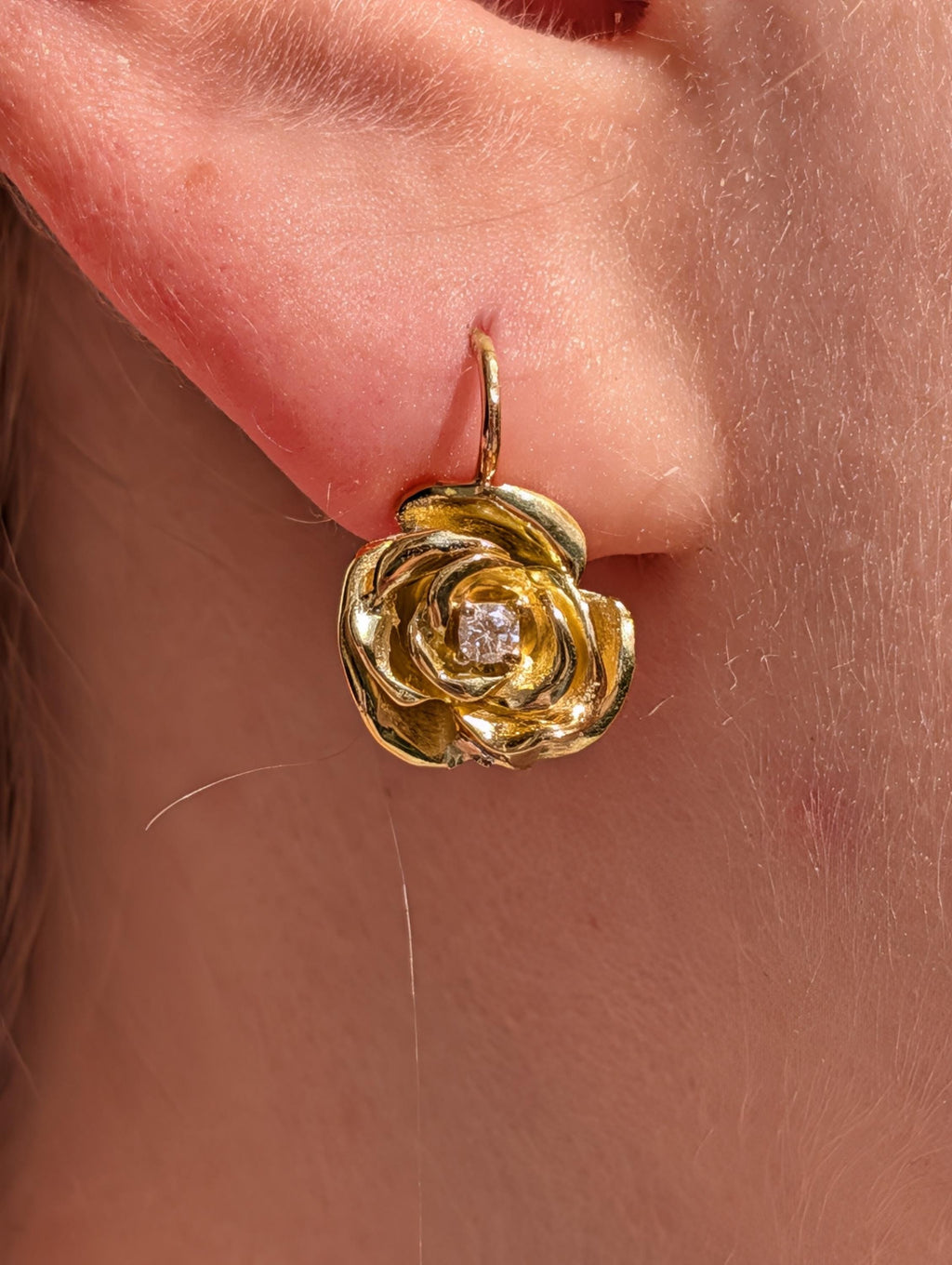 Vintage 18k Yellow Gold Rose Flower Diamond Sleeper Earrings, Handmade Petal by Petal Romantic Feminine Floral Earrings Gift for Her