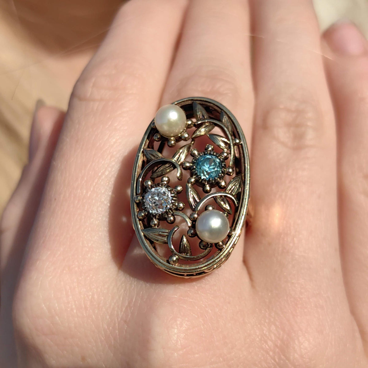 Antique 14k Solid Yellow Rose Gold Art Nouveau 1900s Elegant Ring Diamond, Pearl & Blue Zirconia Floral Handmade Statement Ring