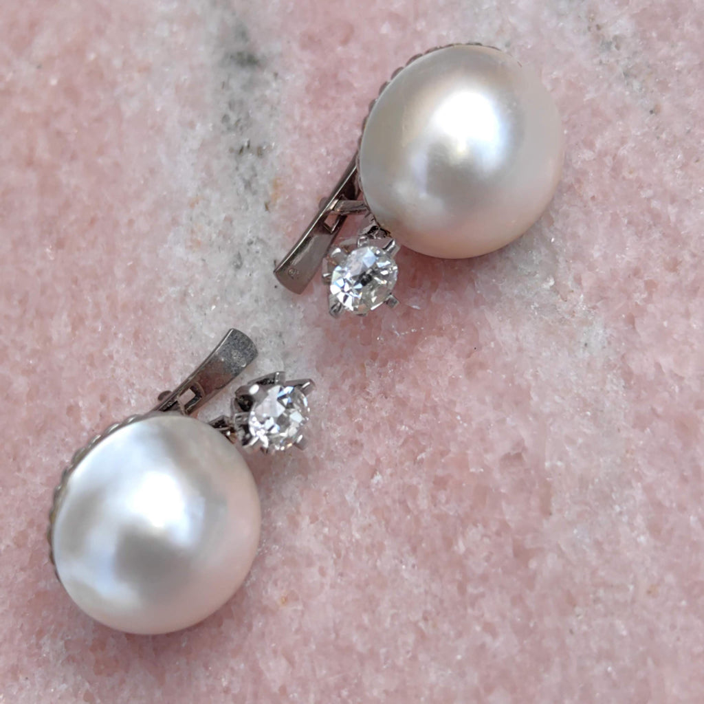 1930s Art Deco Maube Pearl Earrings: 0.74 ct Diamond, 18k White Gold