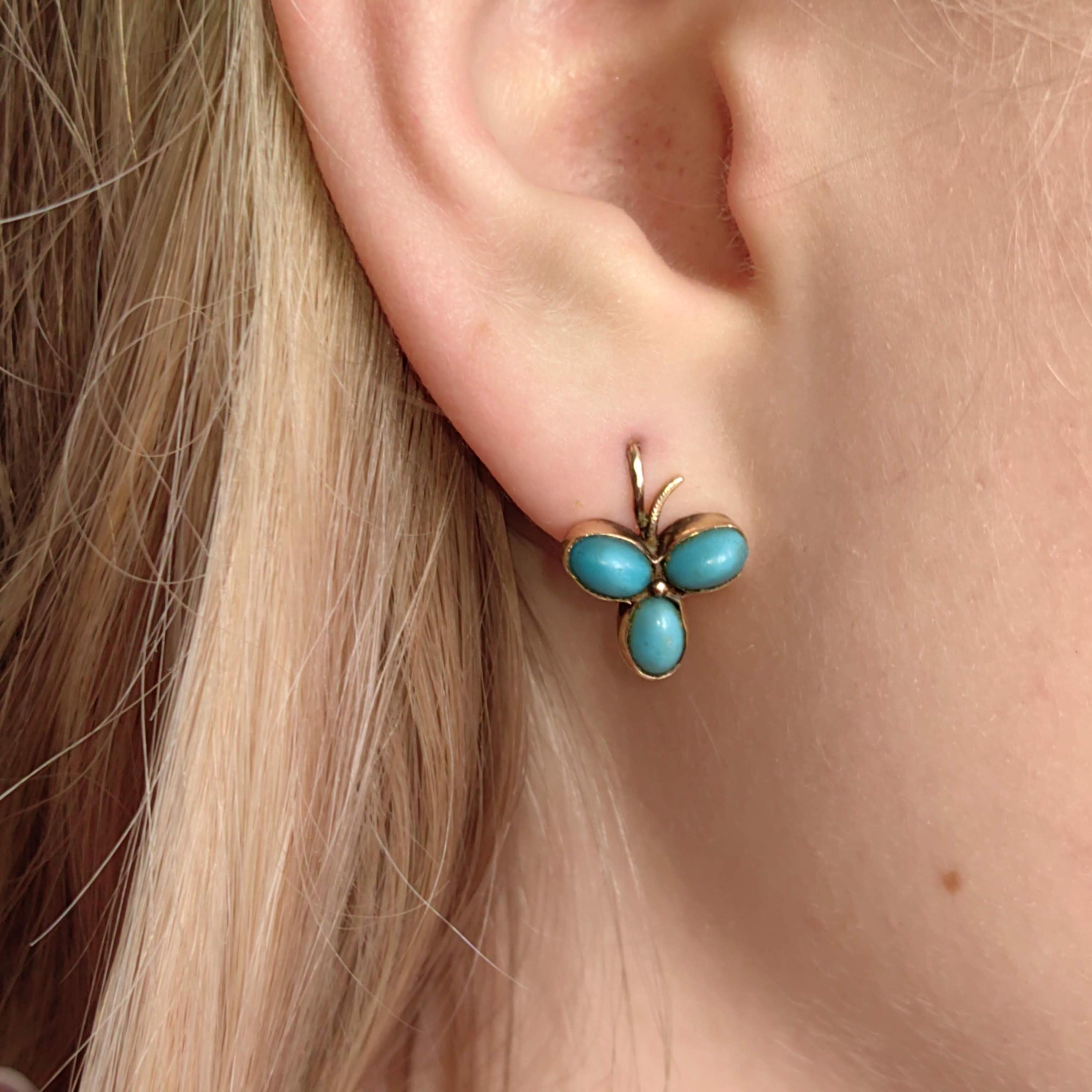 Antique 14k Gold Turquoise Earrings: Art Nouveau Trefoil Sleepers