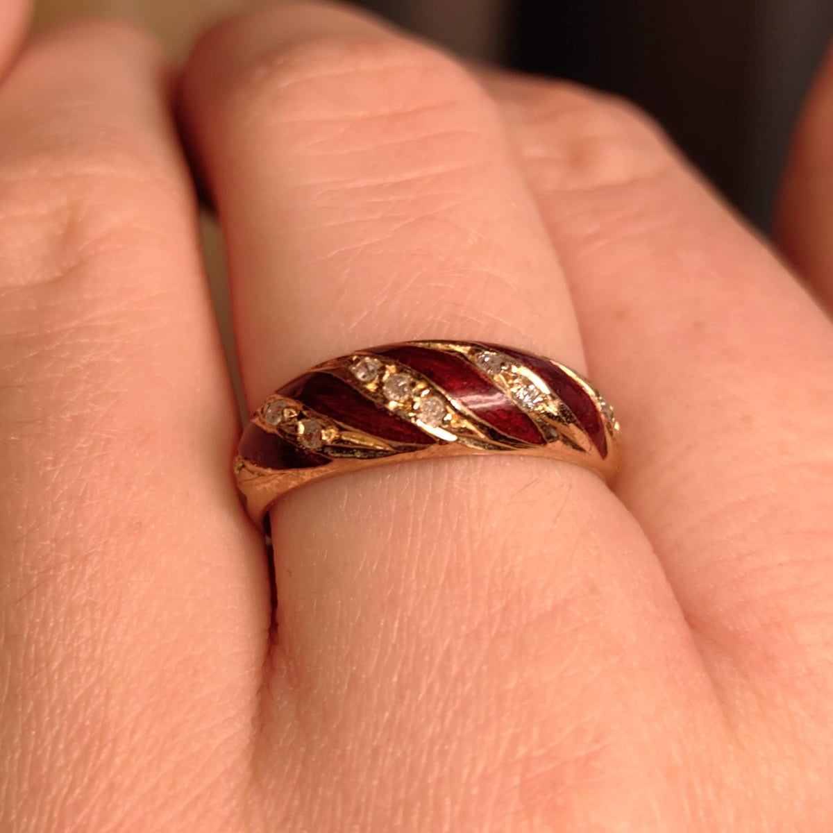 Vintage 1950s Diamond Solid 14k Yellow Gold Red Hand Painted Fire Enamel Wave Design Wedding Band Ring Gift for Her