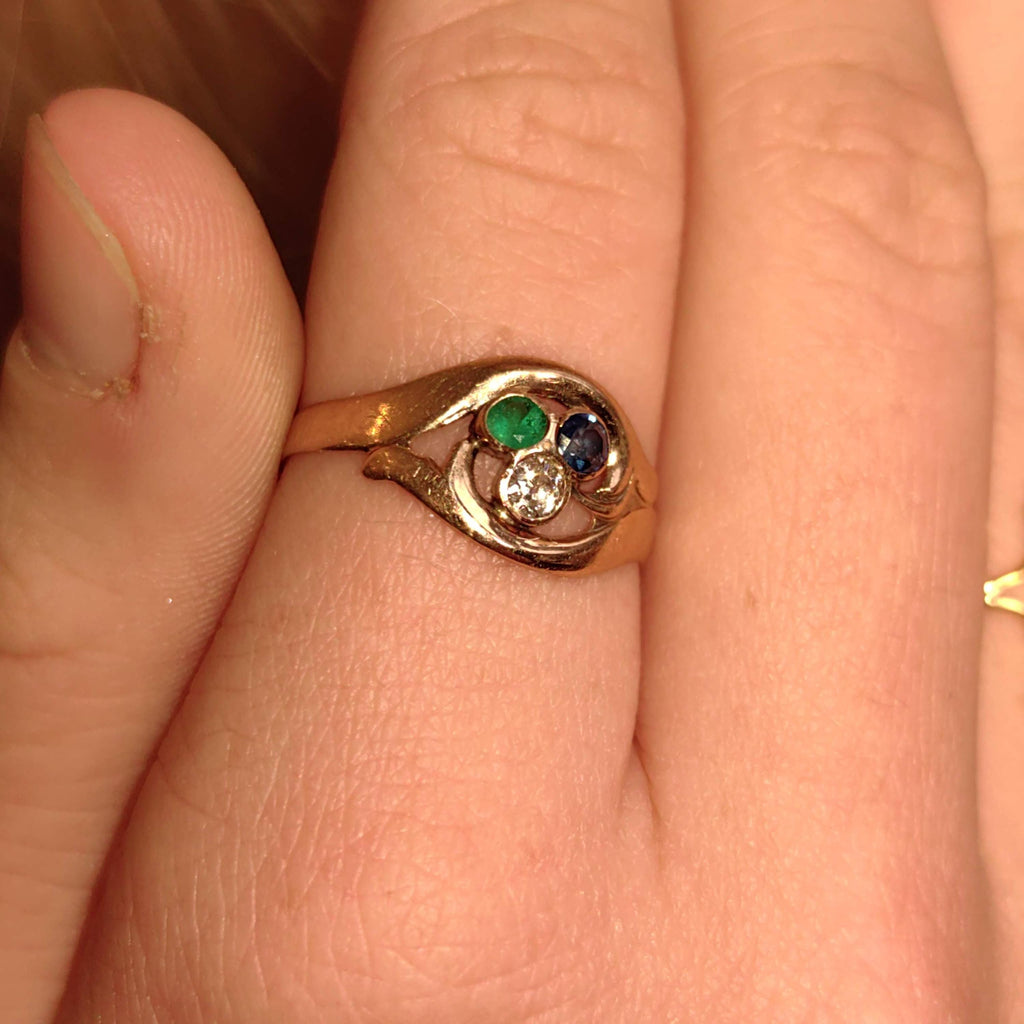 1900s Art Nouveau Natural Emerald Sapphire Diamond 14k Solid Yellow Rose Champagne Gold Vintage Antique Three Stone Elegant Engagement Ring