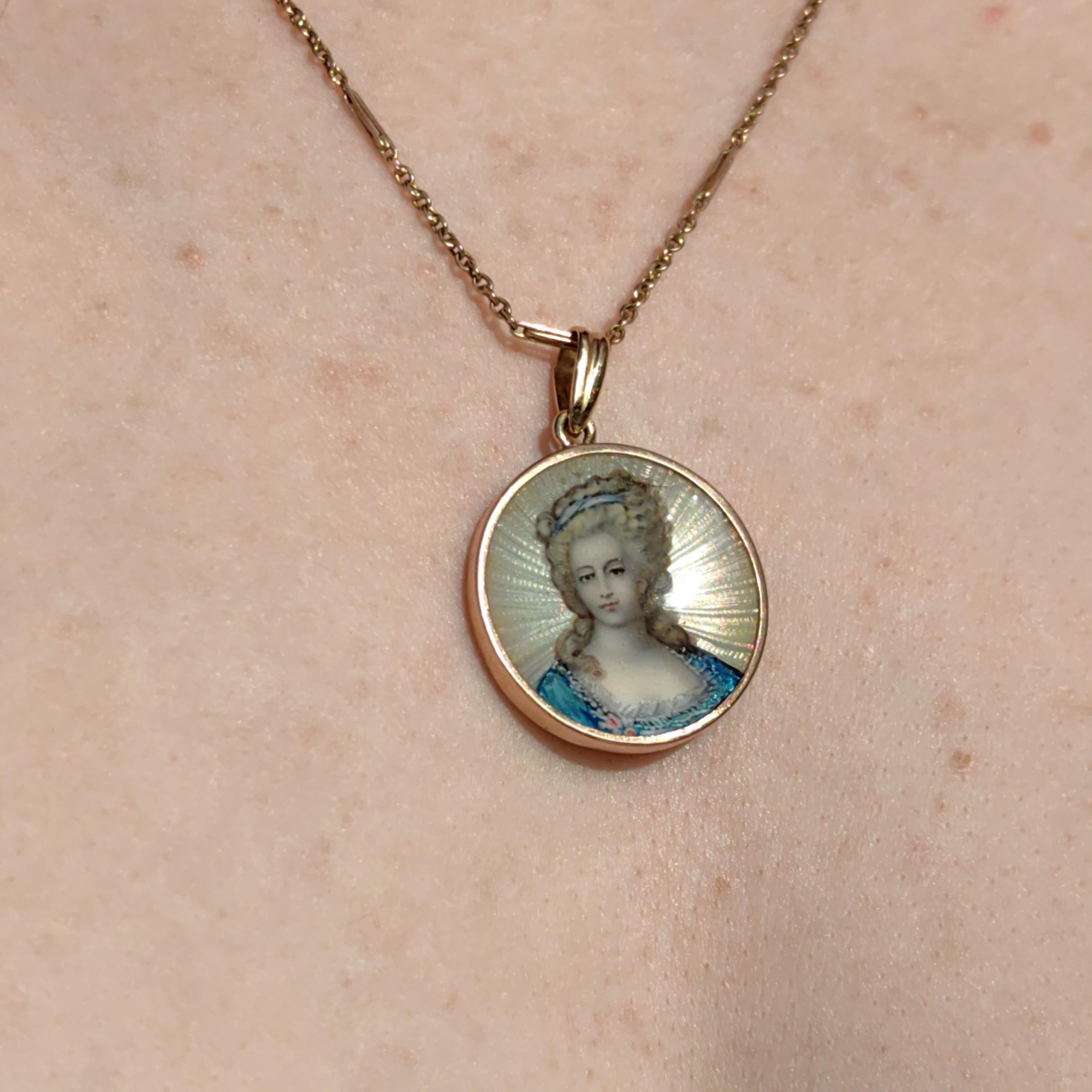 1920s 18k Gold Fire Enamel Portrait Pendant: Aristocratic Woman Miniature
