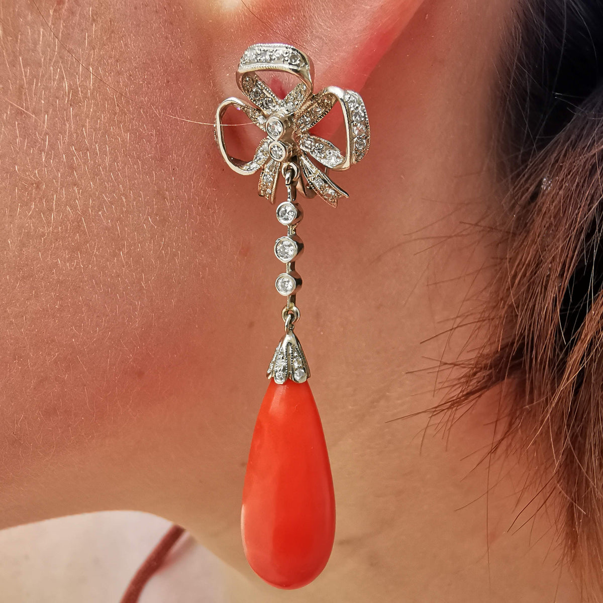Edwardian Coral Diamond Dangle Earrings 14k Gold 1.3ct Antique 1910s Drop Earrings