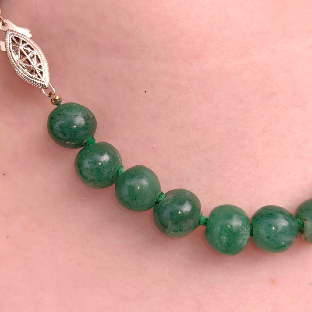 1930s Art Deco Natural Green Aventurine Beaded Statement Elegant Necklace Sterling Silver Clasp Gift for Her Present