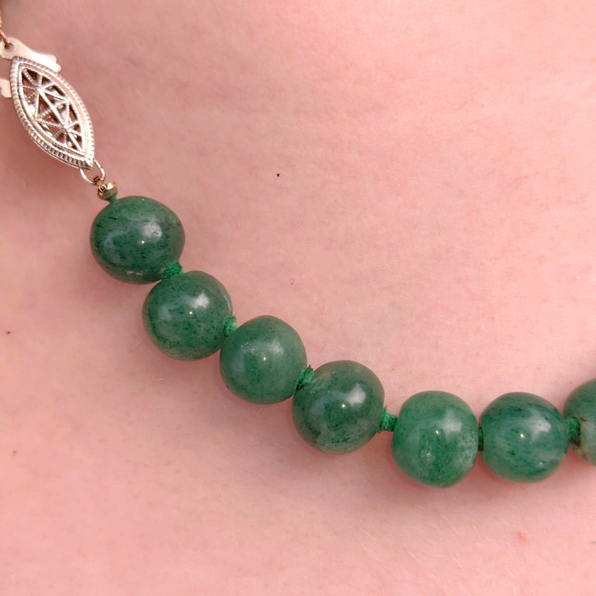1930s Art Deco Natural Green Aventurine Beaded Statement Elegant Necklace Sterling Silver Clasp Gift for Her Present