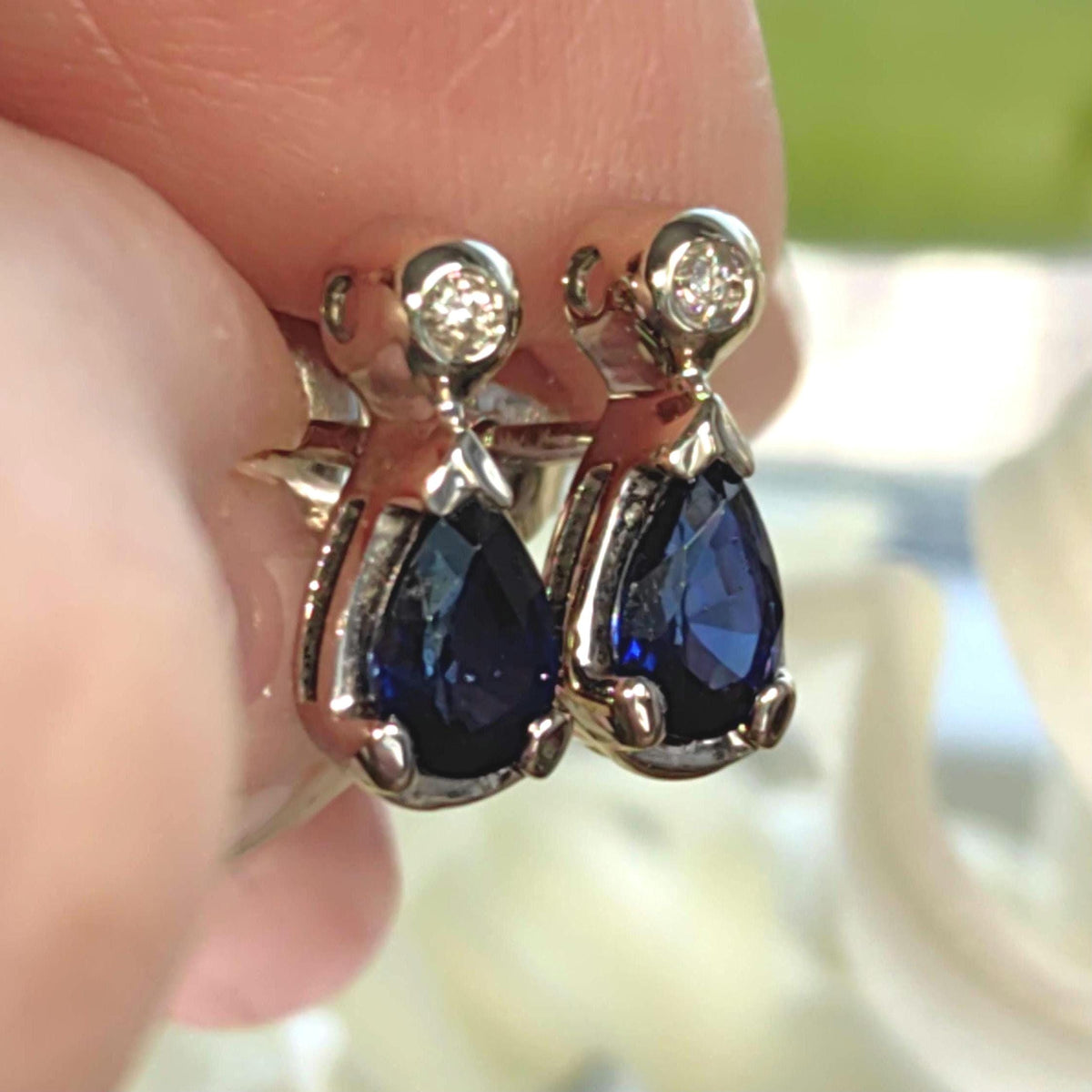 Sapphire and Diamond Hallmarked 18k Solid White Gold Earrings Antique Vintage Blue White Stud Earrings, Gift for Her Anniversary Earrings