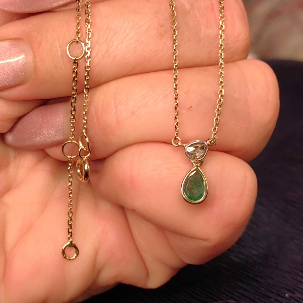 Genuine Emerald & Diamond Necklace Solid 18k Yellow Gold Drop Shaped Antique Vintage Pendant Charm Gift for Her Elegant Dainty Classic chain