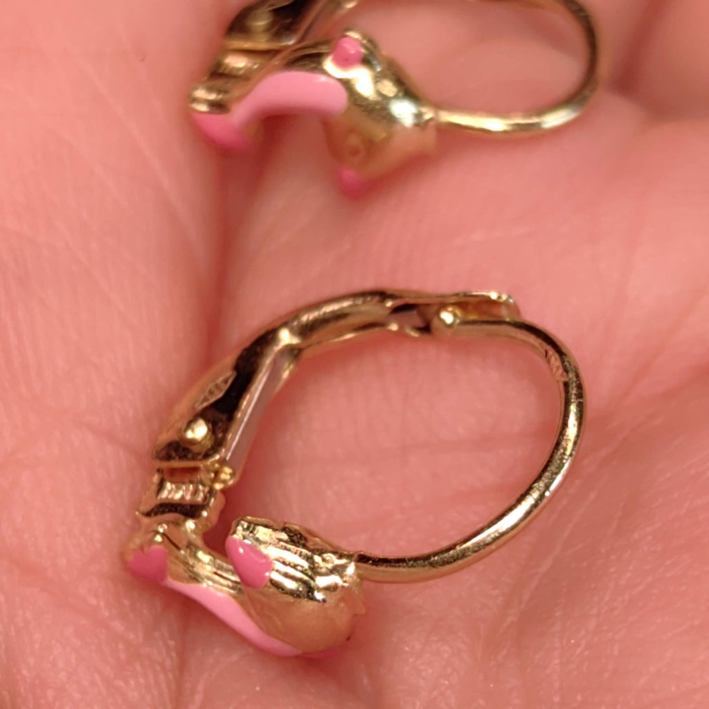 14k Solid Yellow Gold Enamel Pink Dolphin Cute Sleepers Lever Back Earrings, Vintage Ocean Sea Nautical Adorable Jewellery