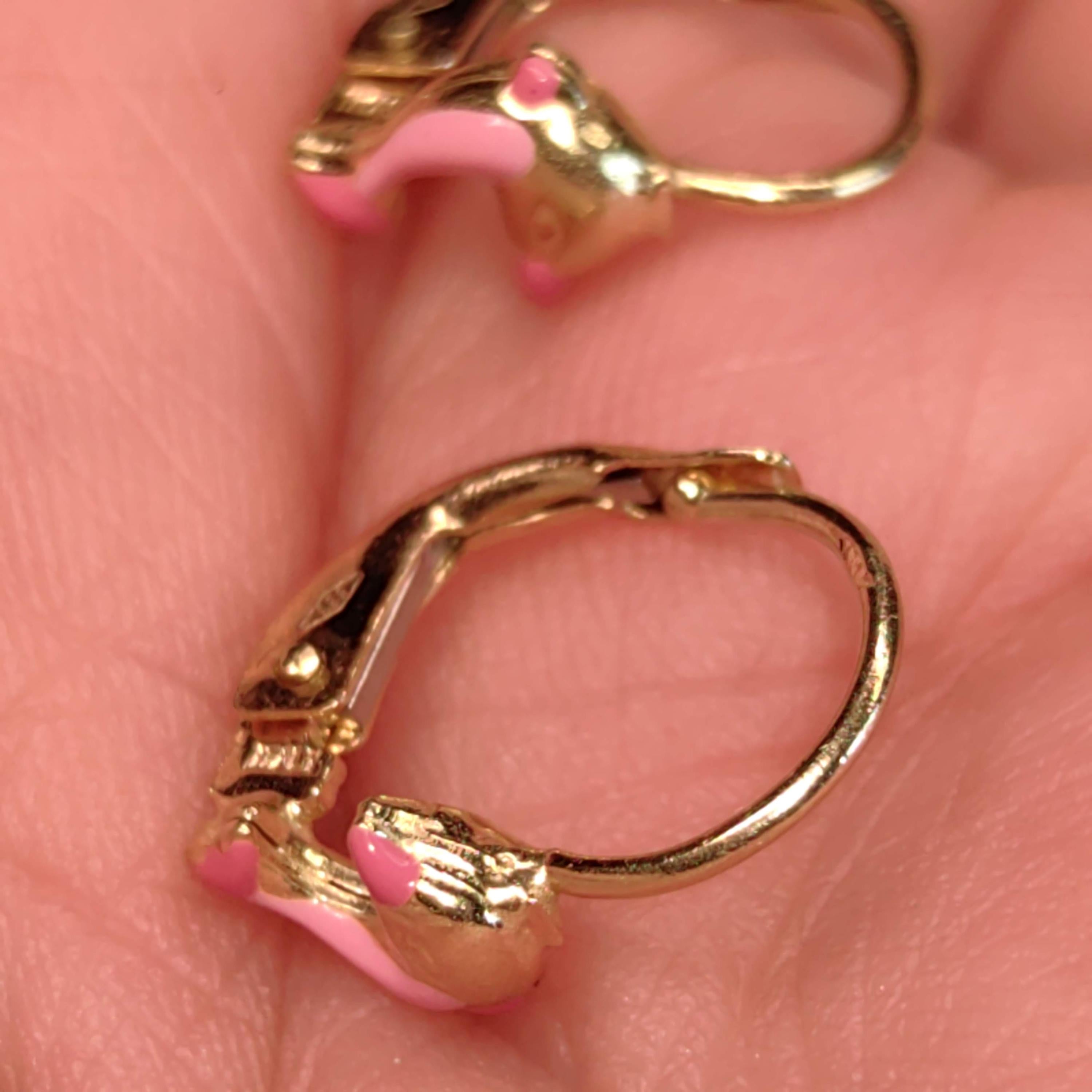 14k Solid Yellow Gold Enamel Pink Dolphin Cute Sleepers Lever Back Earrings, Vintage Ocean Sea Nautical Adorable Jewellery