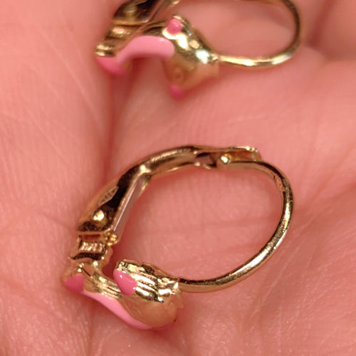 14k Solid Yellow Gold Enamel Pink Dolphin Cute Sleepers Lever Back Earrings, Vintage Ocean Sea Nautical Adorable Jewellery