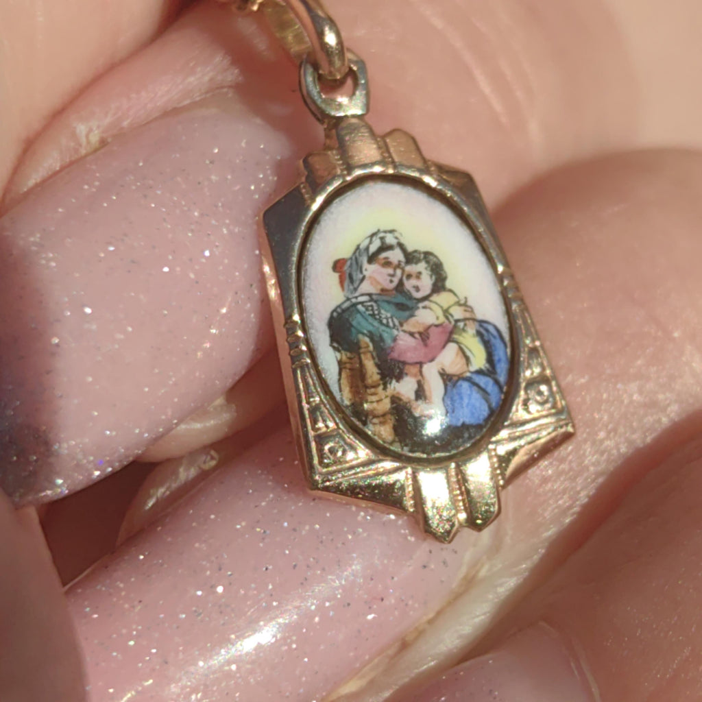14k Gold Virgin Mary Pendant: Antique Art Nouveau Enamel