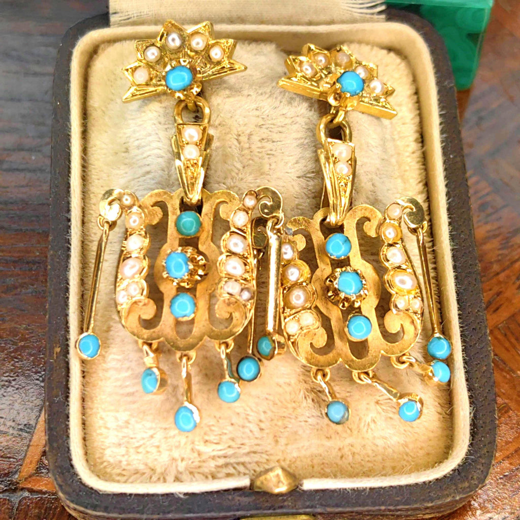 Turquoise Pearl 18K Gold Dangle Earrings: Antique Victorian Revival
