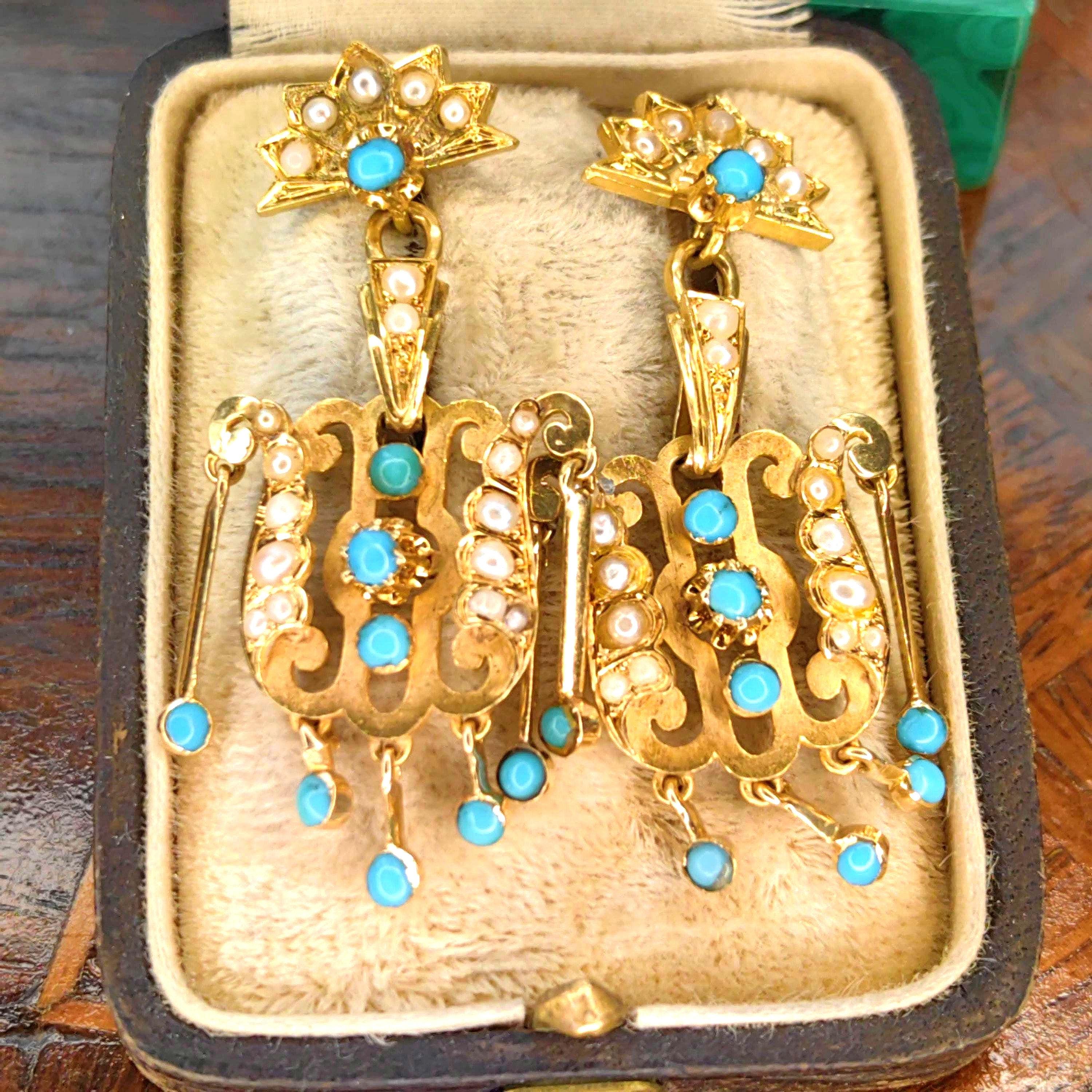Turquoise Pearl 18K Gold Dangle Earrings: Antique Victorian Revival