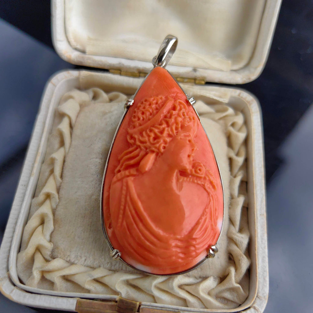 Art Deco Red Coral Cameo Pendant: 14k White Gold Carved Portrait