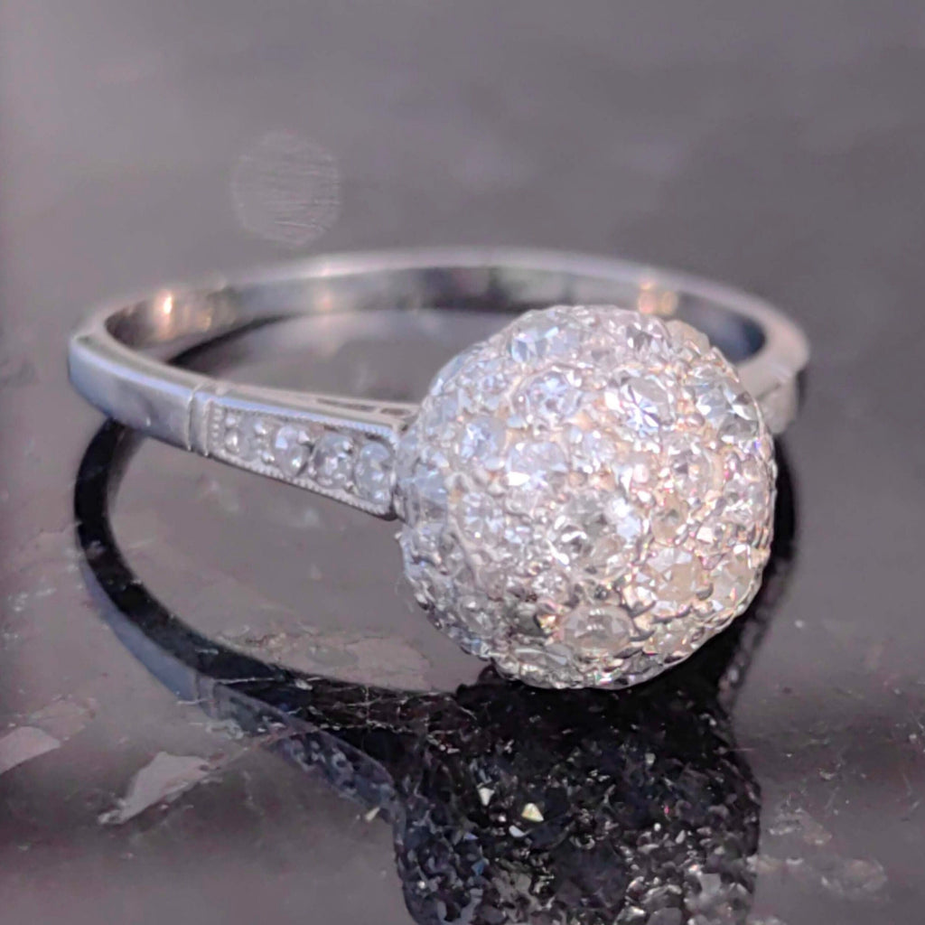 Art Deco Platinum Diamond Globe Ring: 1930s Antique Pavé Engagement
