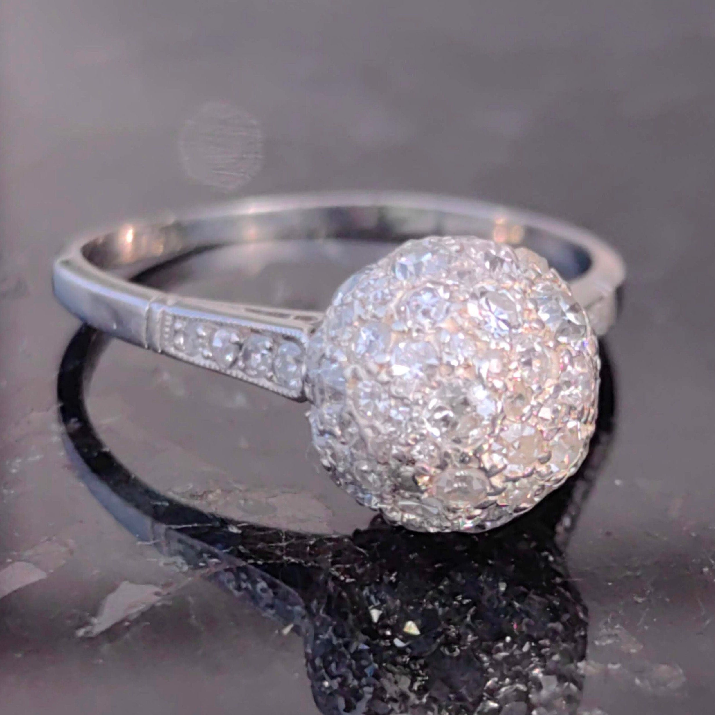 Art Deco Platinum Diamond Globe Ring: 1930s Antique Pavé Engagement