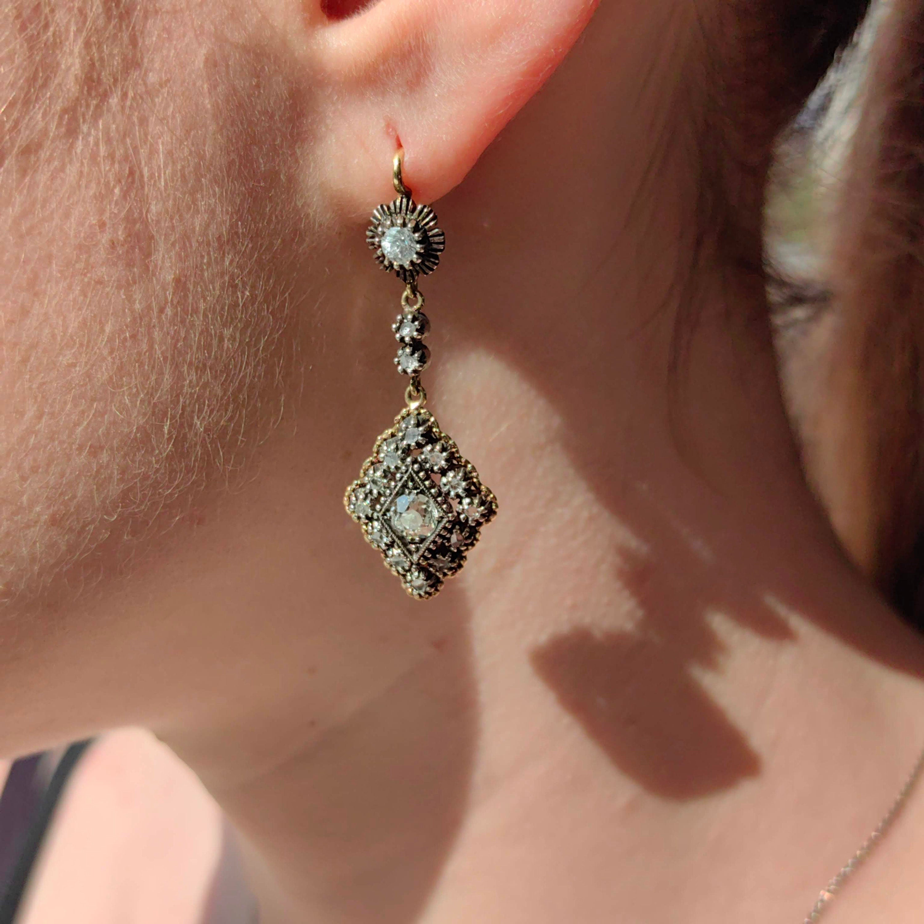 Antique 1.4ct Diamond Dangle Earrings: 1930s Art Deco 18k Gold & Silver