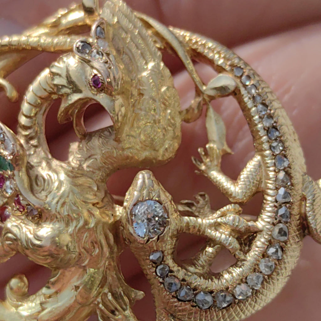 Diamond Emerald Ruby Solid 18k Yellow Gold Griffin Salamander Snake Ritual Magical Statement Pendant Charm Antique Vintage Gift for Her Him