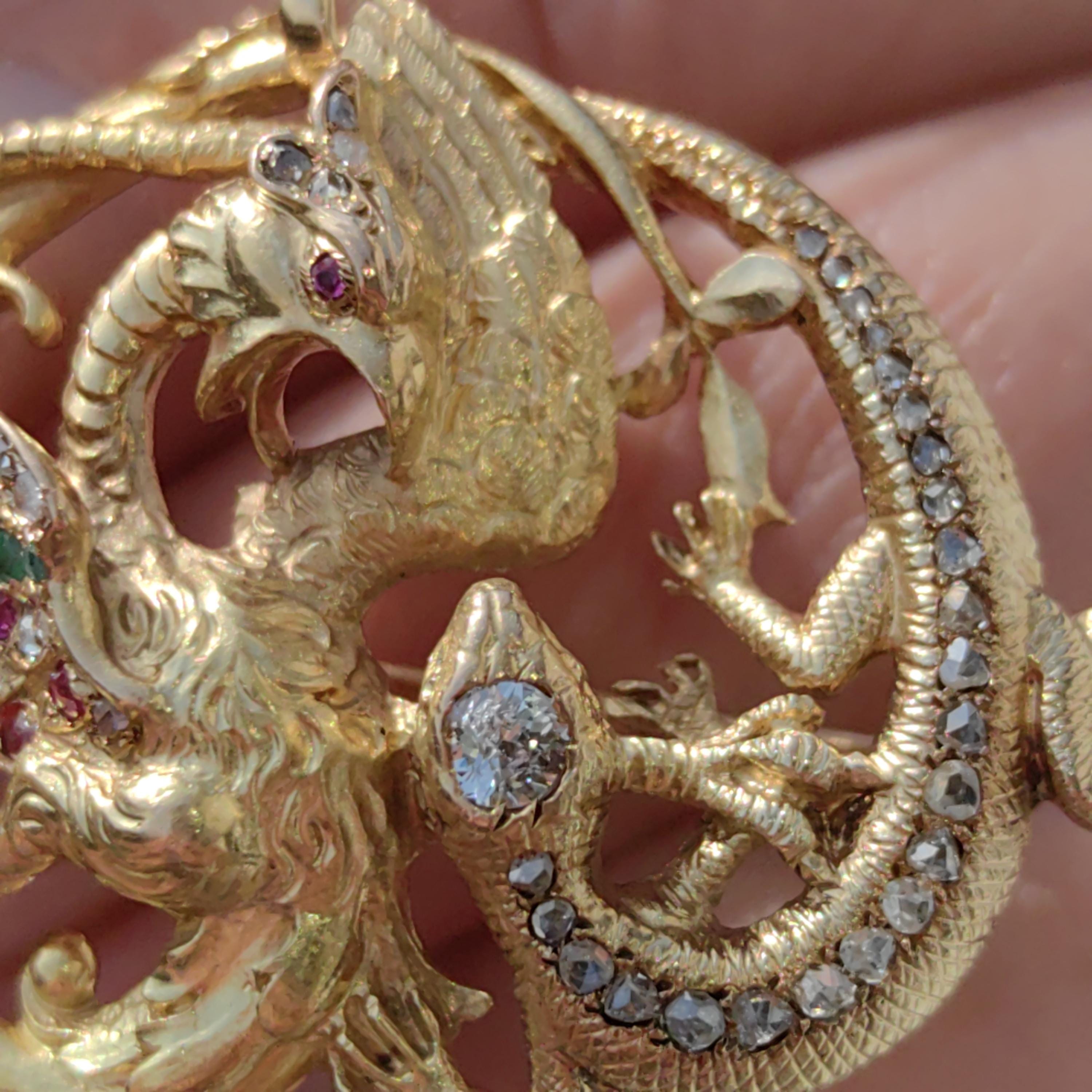 Diamond Emerald Ruby Solid 18k Yellow Gold Griffin Salamander Snake Ritual Magical Statement Pendant Charm Antique Vintage Gift for Her Him