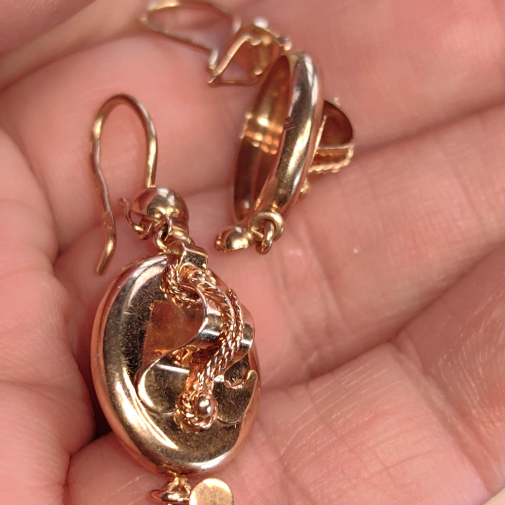 14K Solid Yellow Rose Gold Victorian Style Mid Century Handmade Oval Dangle Statement Elegant  Earrings Gift for Her Present