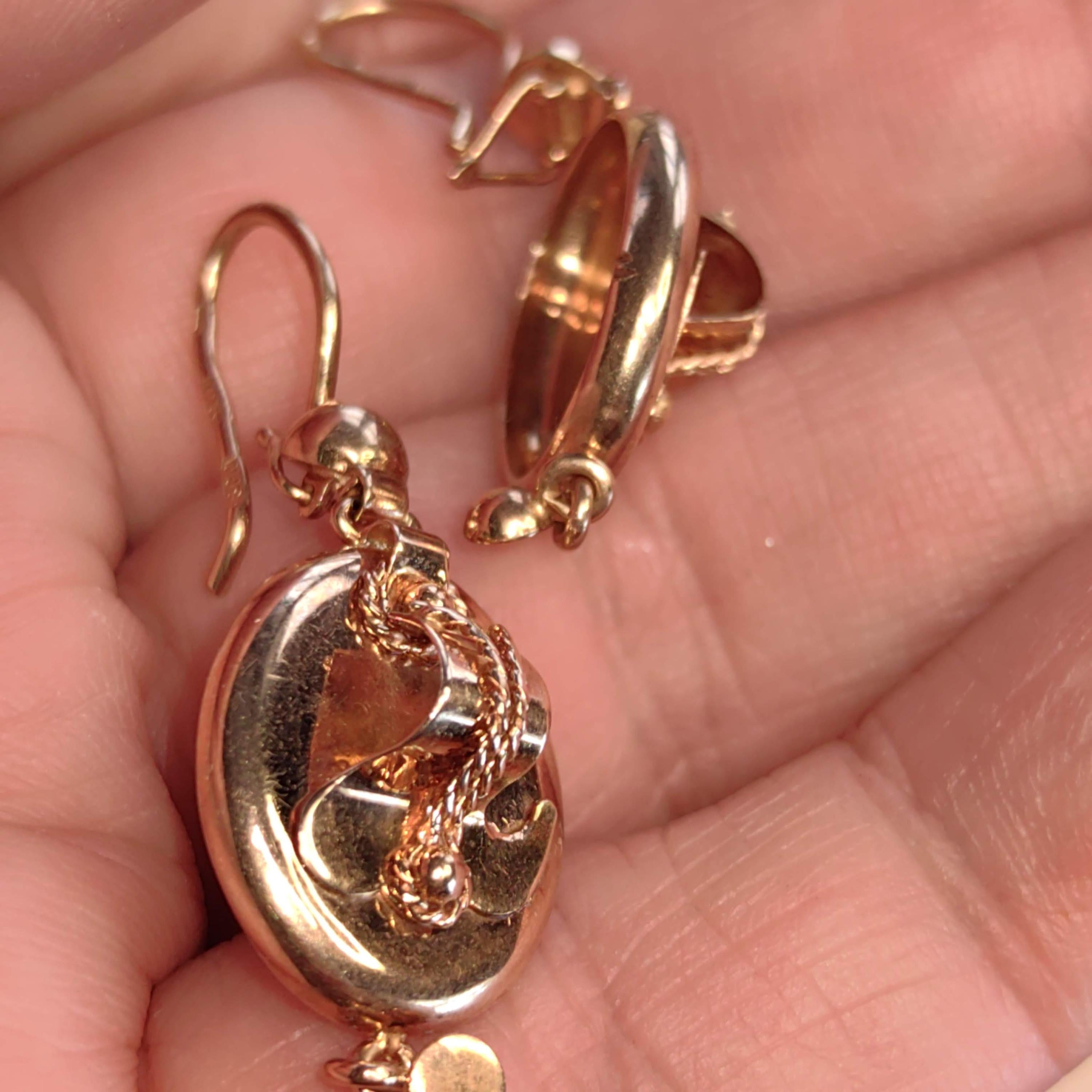 14K Solid Yellow Rose Gold Victorian Style Mid Century Handmade Oval Dangle Statement Elegant  Earrings Gift for Her Present