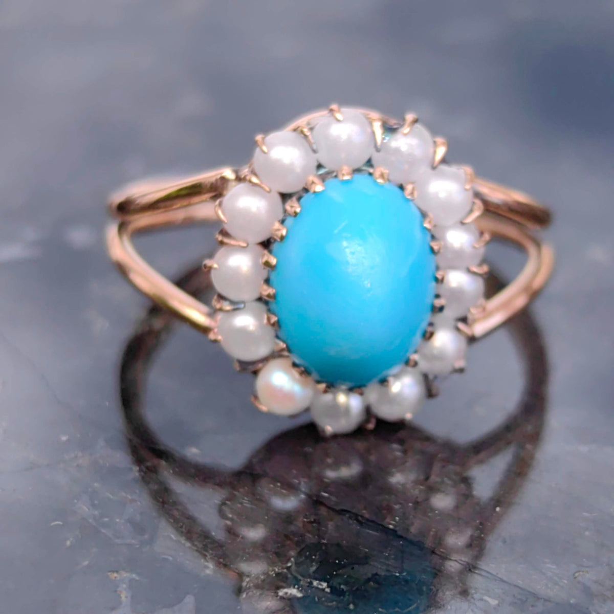 Victorian 1880s Antique Vintage Natural Pearl and Sky Blue Turquoise 14k Solid Yellow Champagne Gold Floral Cluster Halo Ring Gift for Her