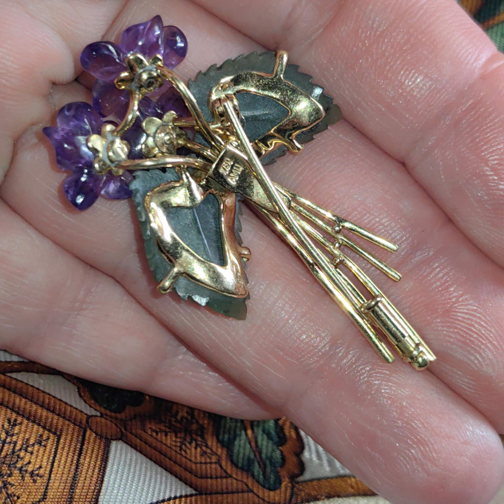 Antique 18k Gold Floral Brooch: Carved Amethyst, Jade & Diamond Violet Pin