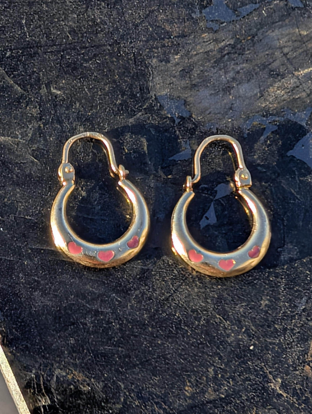 Vintage 1980s 14k Yellow Gold Puffed Hoop Earrings, Pink Enamel Heart Creole Gypsy Dangles, Gift for Her