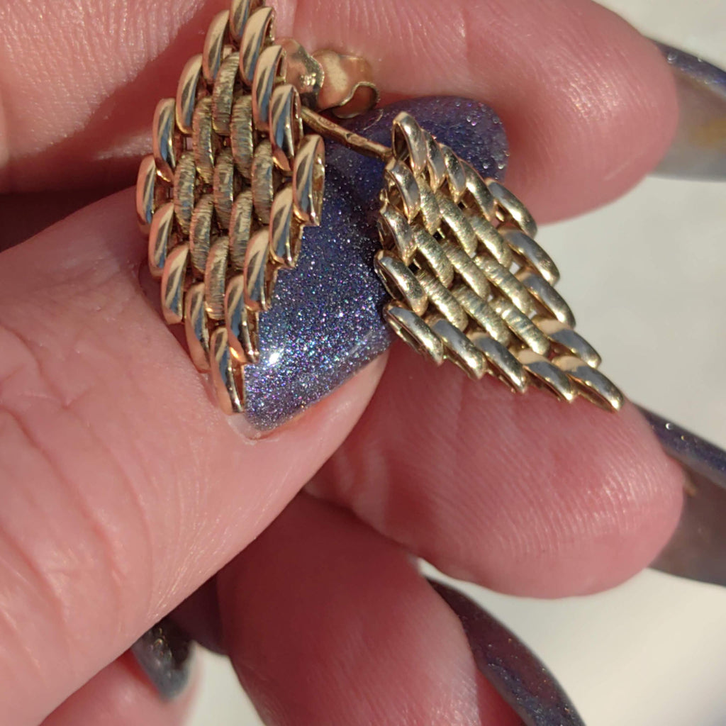 Vintage Solid 14K Yellow Gold Push Back Closure Woven Basket Weave Textured Statement Earrings Retro Elegant Gift for Her