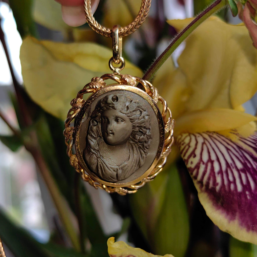 Victorian Hand Carved Lava Cameo Pendant - 14K Gold Framed