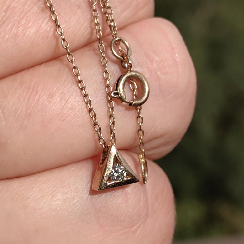 Solitaire Diamond Solid 14k Yellow Gold Vintage Geometric Triangle Pyramid Elegant Necklace Gift for Her