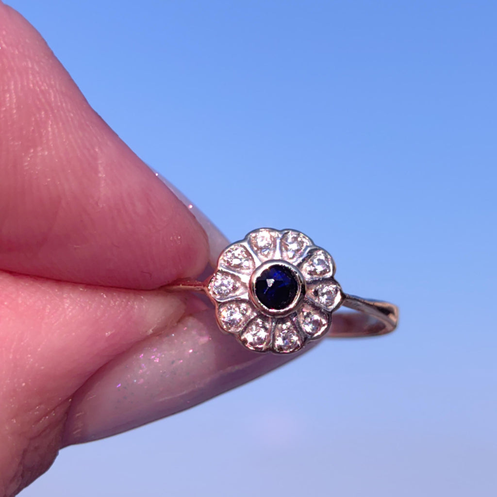 Mid-Century Sapphire Diamond Ring: 14k Gold Floral Engagement Ring, Size 8