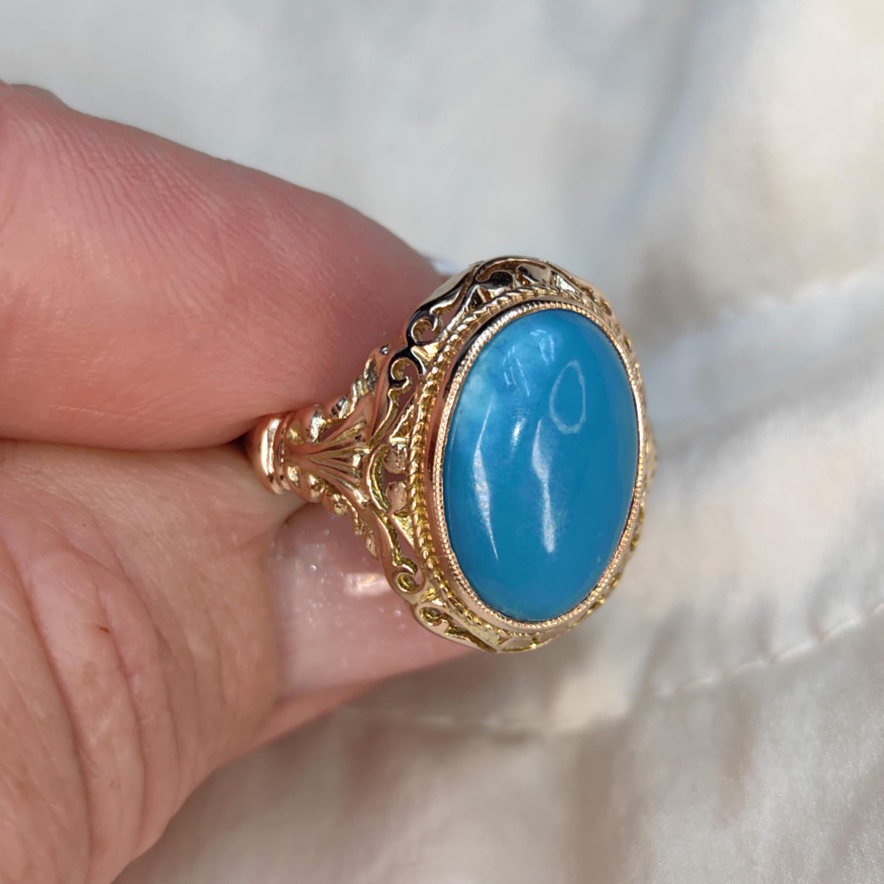 Vintage 14k Solid Yellow Gold Natural Blue Turquoise Ring, Antique 1930s Hand Chiseled Statement Jewelry Gift for Her