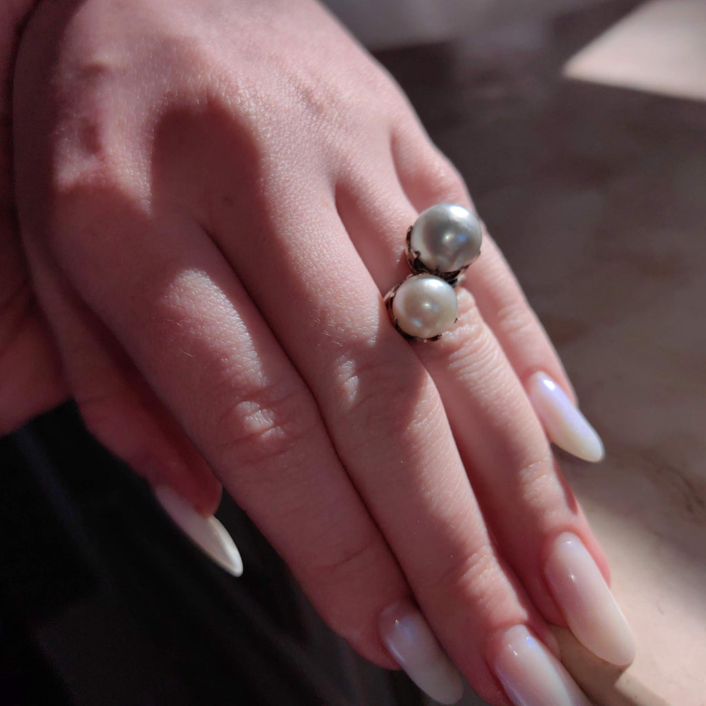 Antique Platinum Two-Tone Pearl Cocktail Ring - Size 5.5