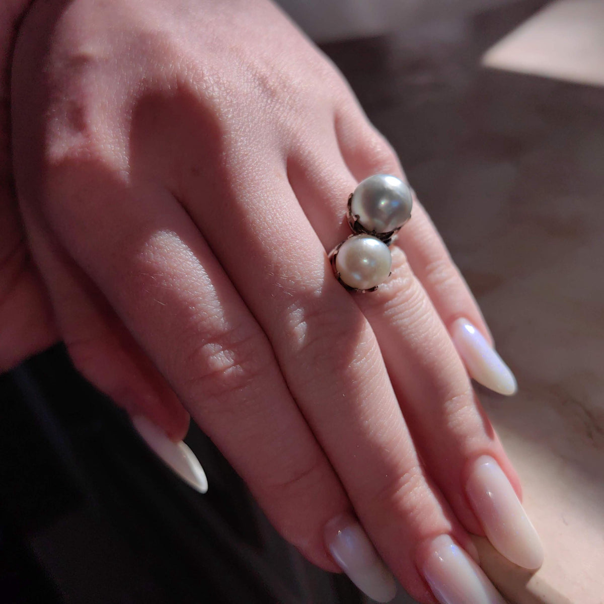 Antique Platinum Two-Tone Pearl Cocktail Ring - Size 5.5