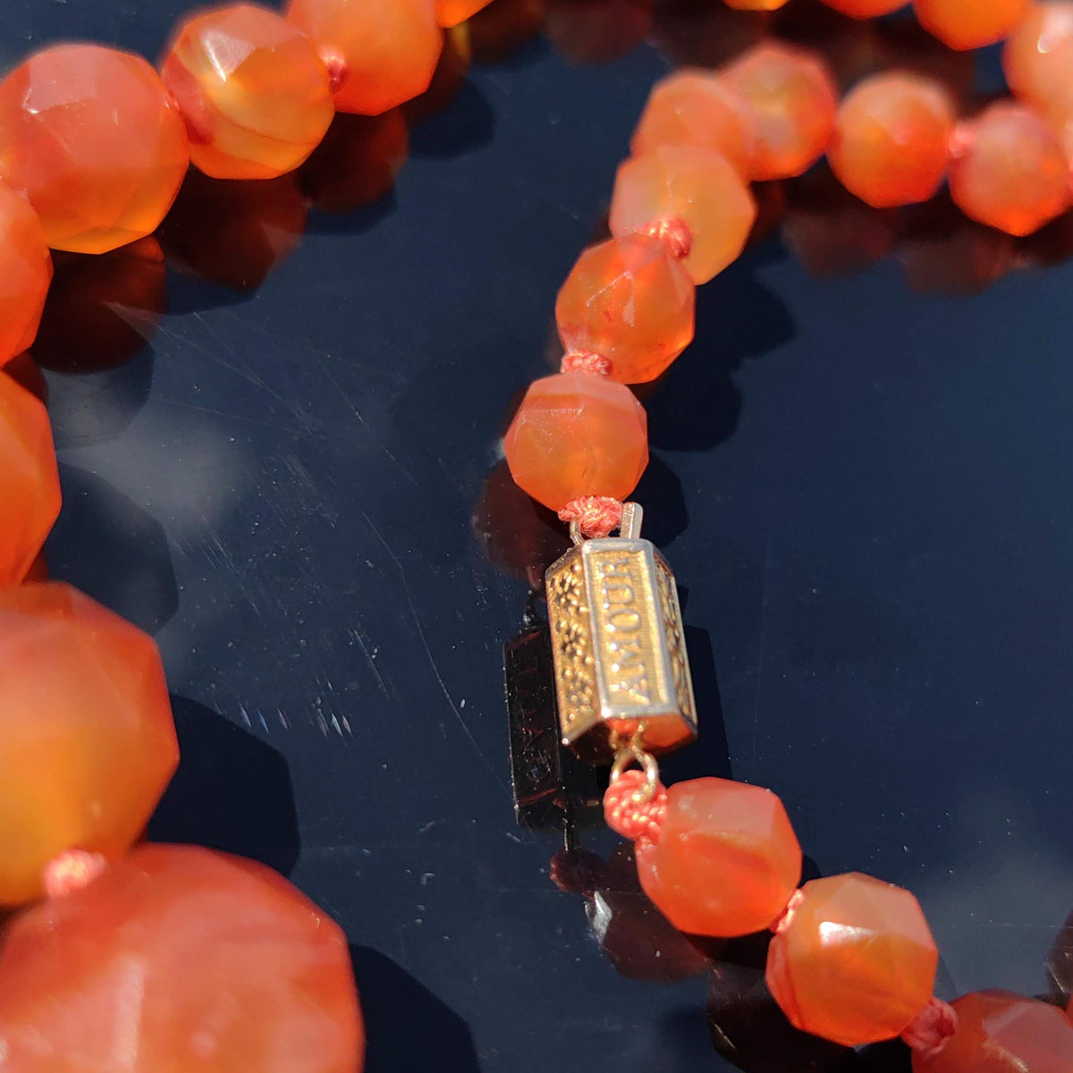 Antique Orange Agate Beaded Necklace: 14k Gold Amour Love Lock