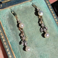 Natural Pearl and Diamond 1900s Art Nouveau Vintage 14K Solid Yellow Rose Gold Dangle Drop Elegant Dainty Feminine Earrings Gift for Her