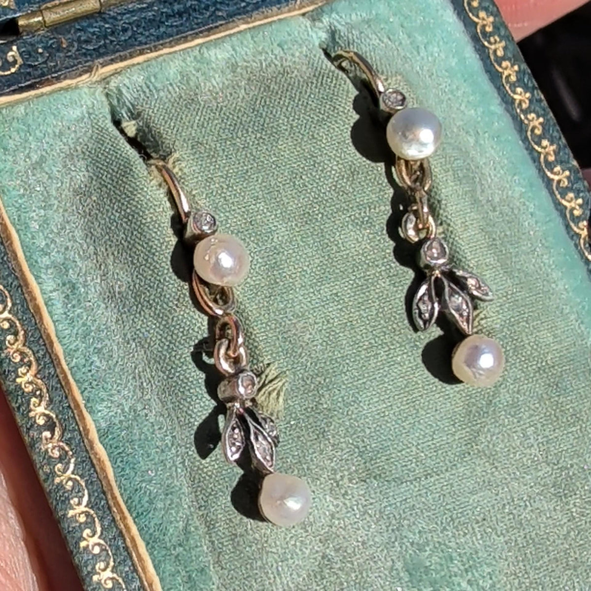 Natural Pearl and Diamond 1900s Art Nouveau Vintage 14K Solid Yellow Rose Gold Dangle Drop Elegant Dainty Feminine Earrings Gift for Her