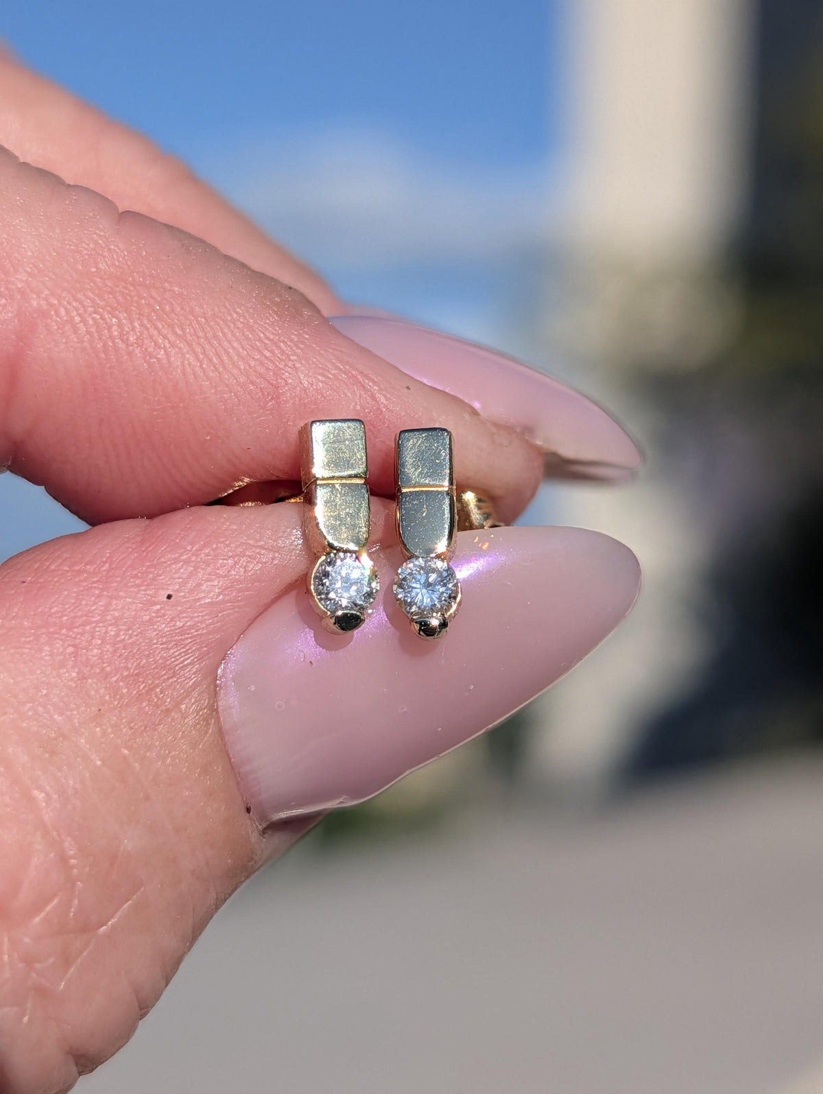 Diamond 14k Solid Yellow Gold Hallmarked Elegant Stud Earrings Geometric Minimalist Vintage Push Back Closure Earrings