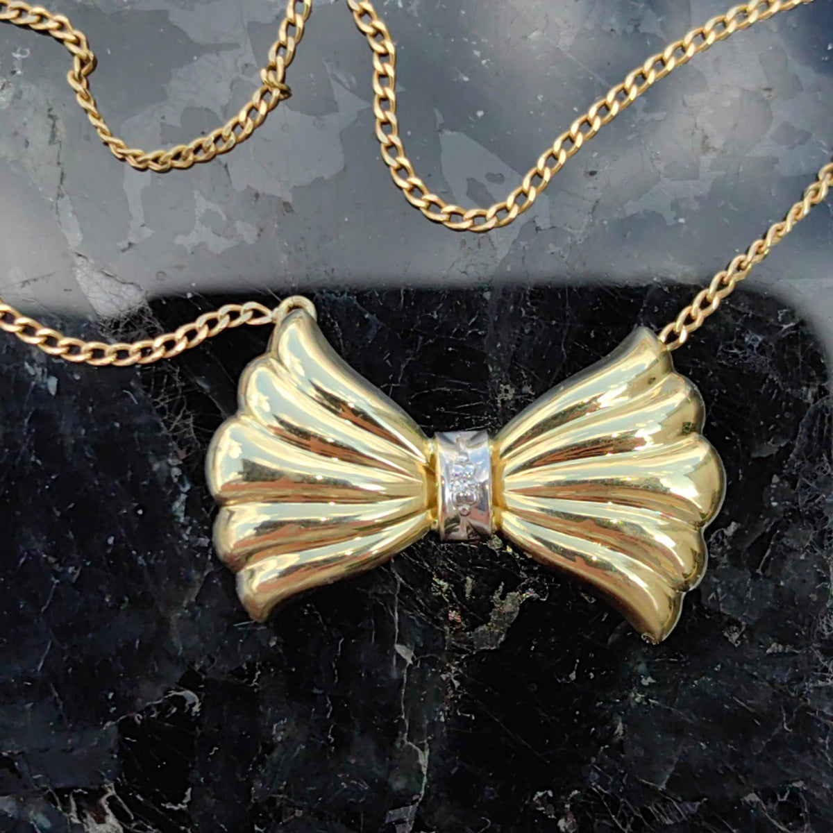 Antique 1940s Vintage Late Art Deco Diamond Bow 18k Hallmarked Solid Yellow Gold Elegant Pendant Necklace gift for Her Present Handmade